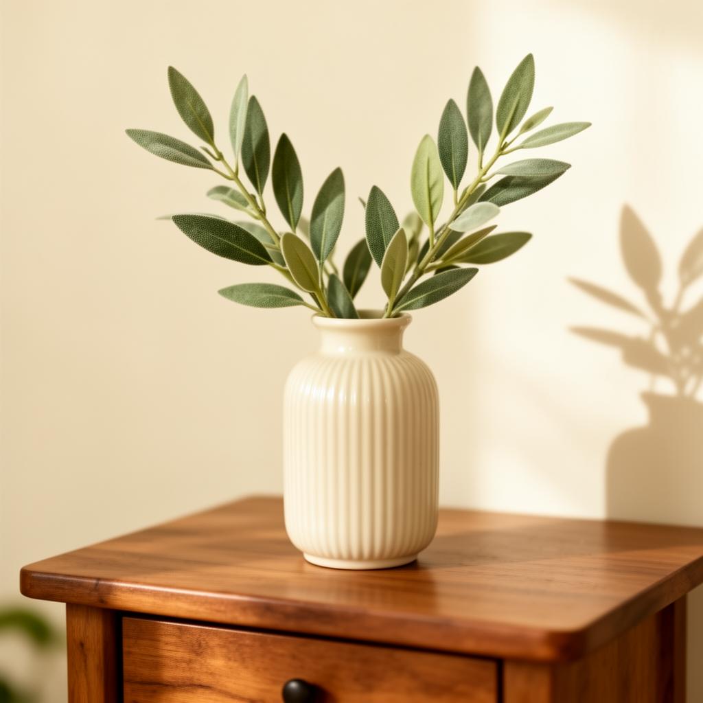 Olive branches in a ribbed cream vase, symbol of WeThriveOT — growth, renewal and wellbeing
